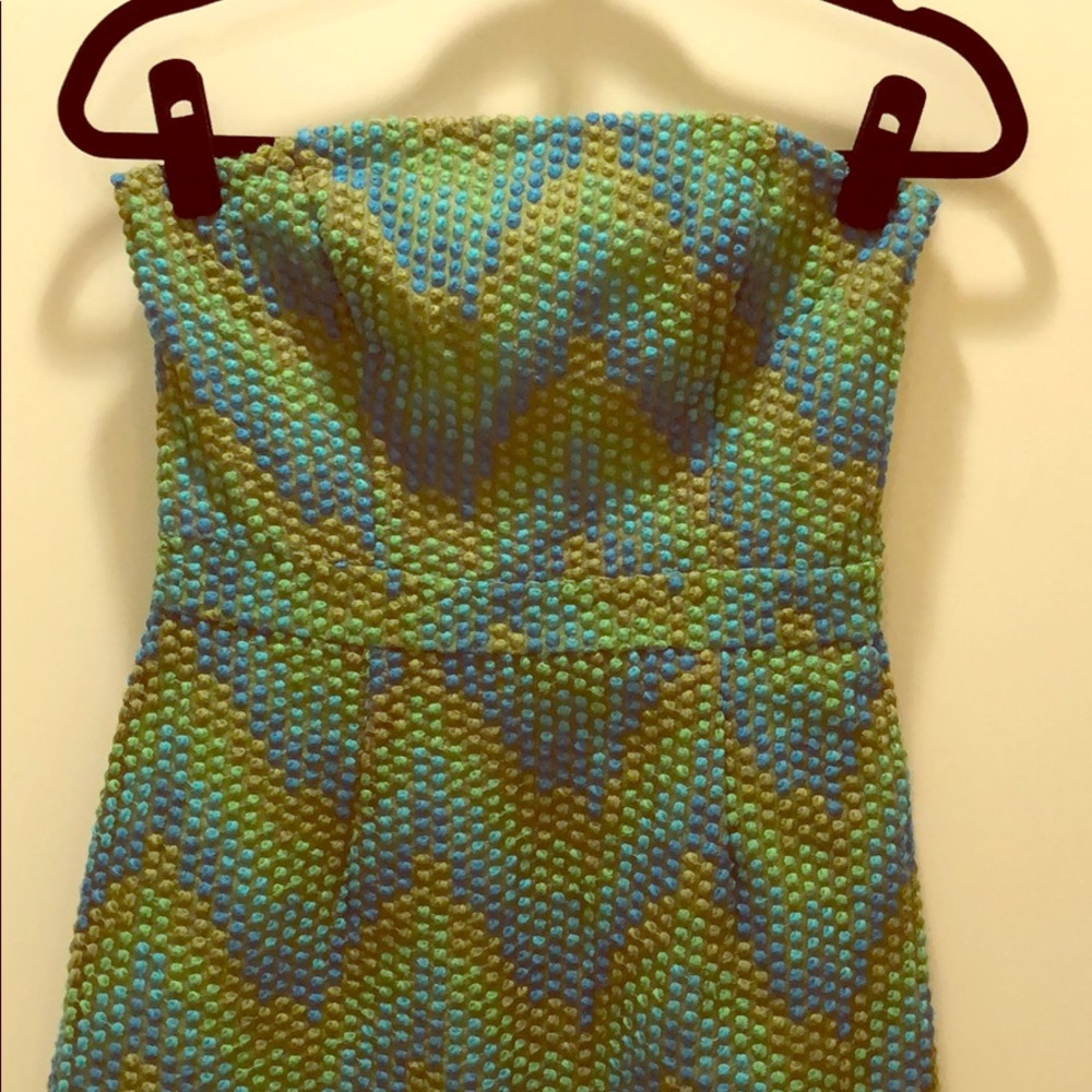 Beth Bowley green & blue textured strapless dress